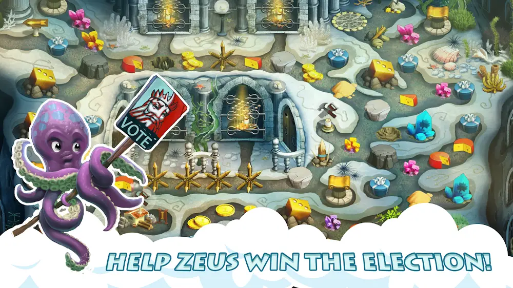 Captura de ecrã de 12 Labours of Hercules VI: mapa ilustrado com uma missão ligada a Zeus
